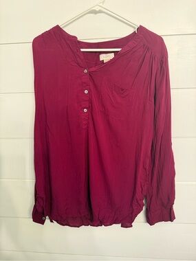 LOFT Lightweight Long Sleeve Henley Blouse - Berry Plum